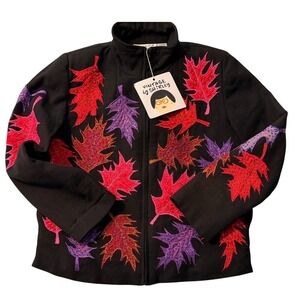 vintage Anage women's zip jacket‎ featuring colorful, embroidered leaves